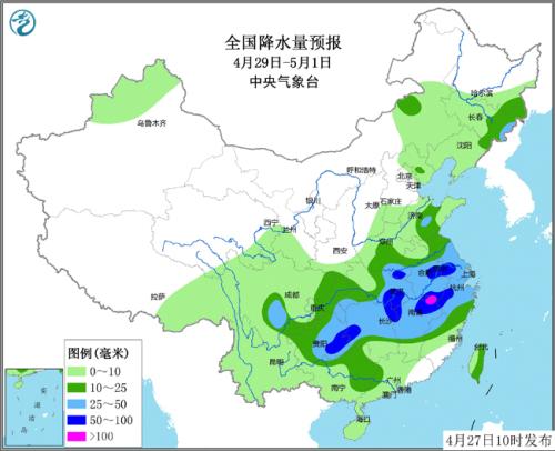 降水量预报图(4月29日-5月1日)图片来源：中央气象台